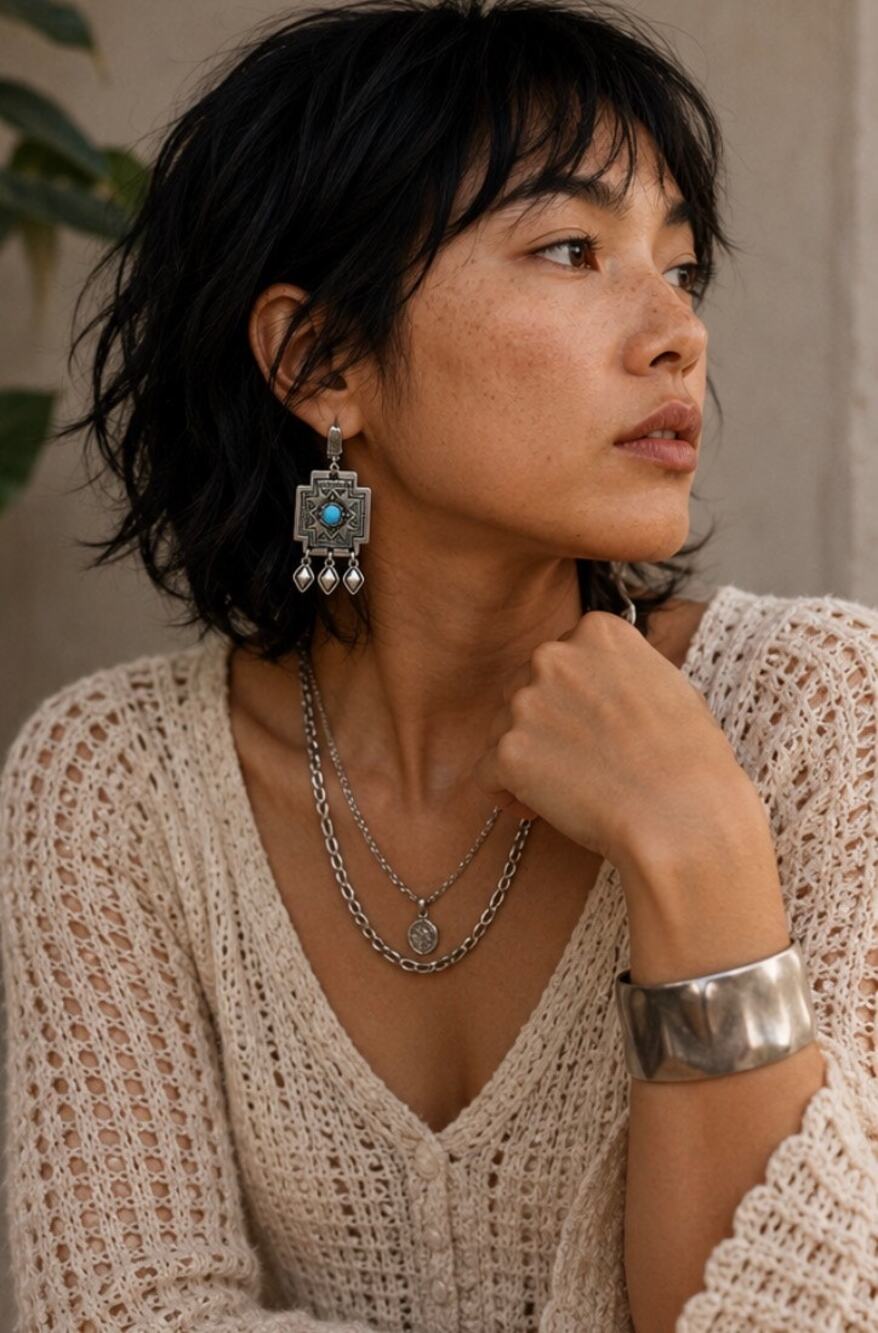 Southwestern Turquoise Silver Tone Statement Dangle Earrings Boho Tribal